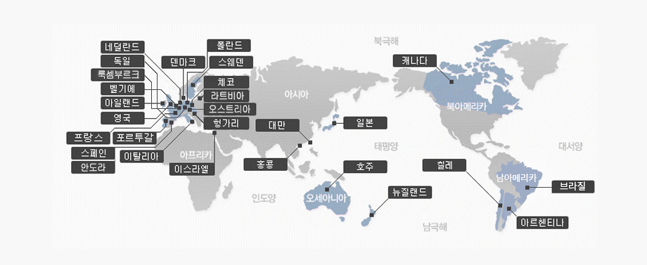 워킹홀리데이 의 협정 체결국가 및 지역 지도