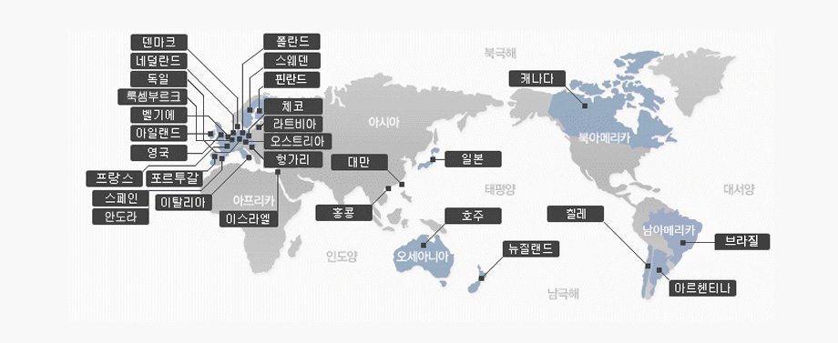 워킹홀리데이 의 협정 체결국가 및 지역 지도